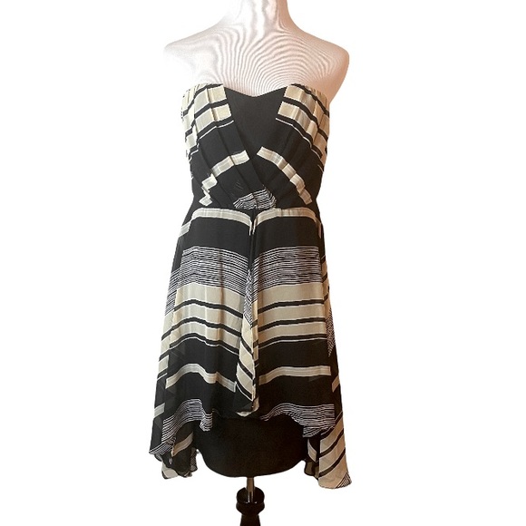MM Couture by Miss Me Tan Black Stripe Strapless Party Cocktail Dress - Picture 1 of 11